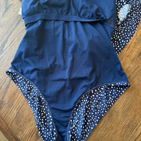 Navy Polka Dot Ruffle Shoulder One Piece Swimsuit - Picture 5 of 6